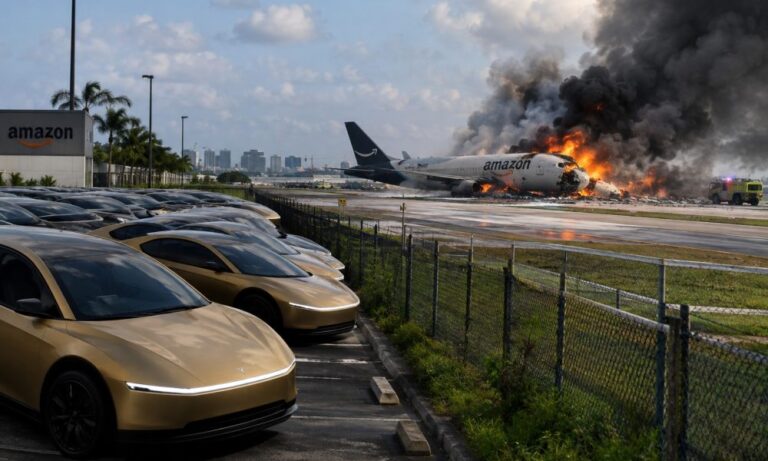 Tesla Cybercabs narrowly miss deadly Amazon cargo plane crash